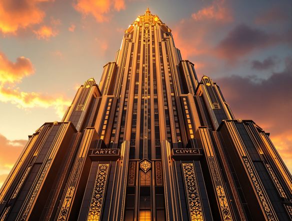 A luxurious Art Deco skyscraper at sunset, geometric patterns, gold and black color palette, elegant typography.