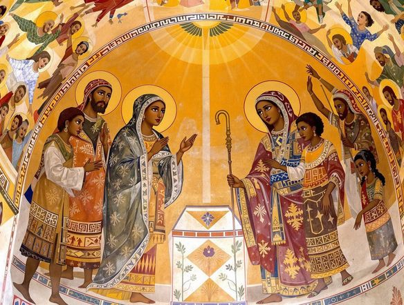 An AI-generated Ethiopian church mural depicting the Annunciation, featuring vibrant colors, geometric patterns, and figures in traditional Ethiopian attire, reminiscent of ancient frescoes.
