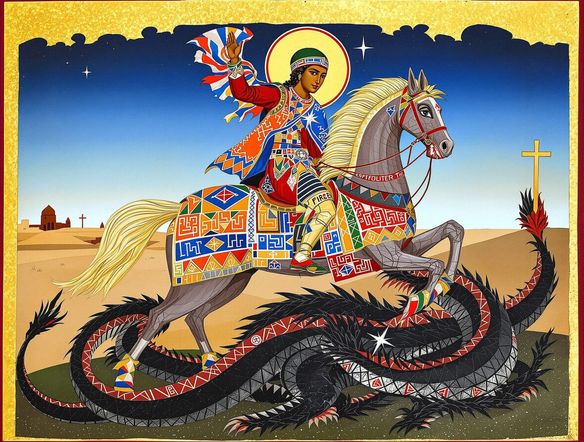 Generate a traditional Ethiopian icon of Saint George slaying the dragon, rich in color and symbolic detail, in the style of Ethiopian Orthodox art.
