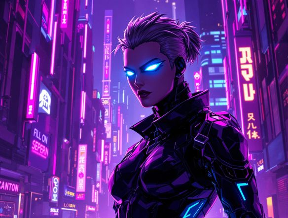 A vibrant, stylized Discord profile picture featuring a futuristic character with glowing eyes, set against a neon-lit cityscape.