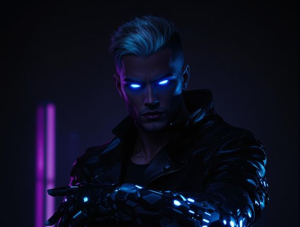 Create a striking Discord profile picture of a futuristic character with glowing eyes and cybernetic enhancements. The background should be dark and mysterious, with subtle neon accents. The character's expression should be confident and intriguing.