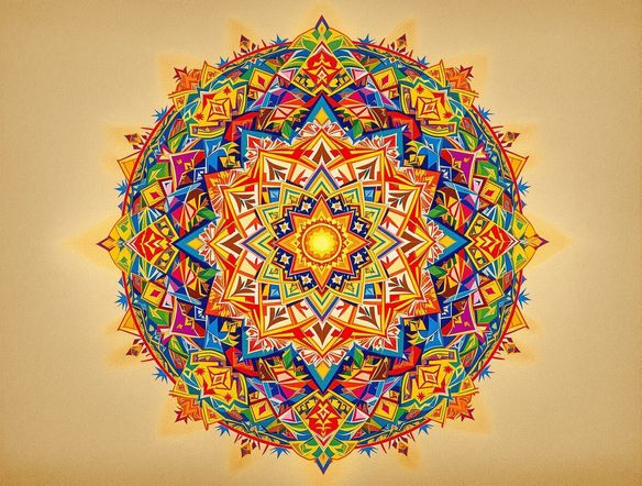 Intricate Tibetan mandala with vibrant colors, sacred geometry, and traditional motifs, radiating spiritual energy on a soft, textured background.
