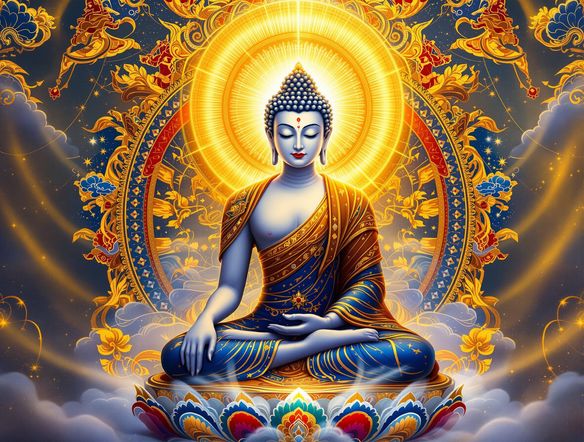 Intricate digital Thangka art of a serene Buddha, vibrant colors, traditional Tibetan Buddhist motifs, detailed patterns, divine aura, digital painting.