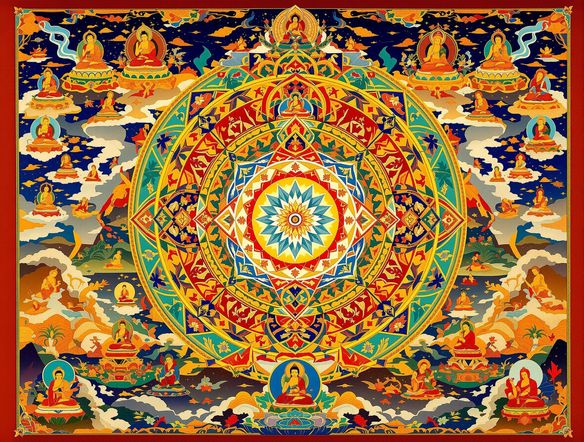 Vibrant Tibetan religious painting depicting a Wheel of Life, intricate details, rich symbolism, mandalas, traditional colors, spiritual energy, sacred Tibetan art.