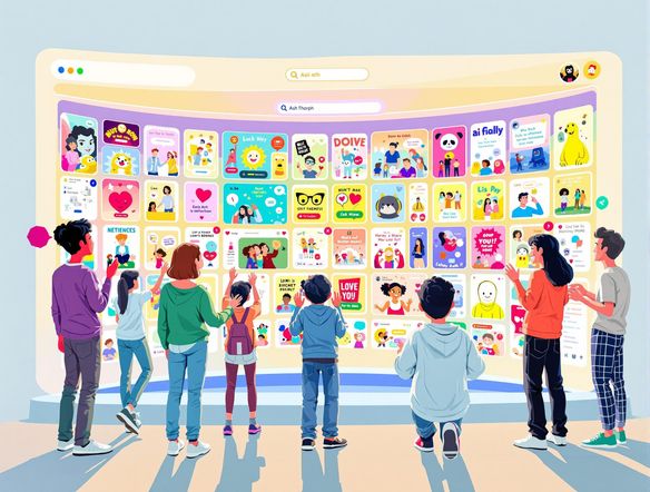 A vibrant, dynamic carousel interface showcasing a variety of AI-generated images and meme templates, with users happily interacting with the tool.