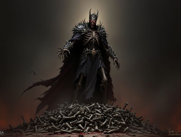 A regal lich king with glowing red eyes, adorned in tattered royal robes, standing atop a pile of bones. Gothic skeleton art maker aesthetic, dark fantasy art style.