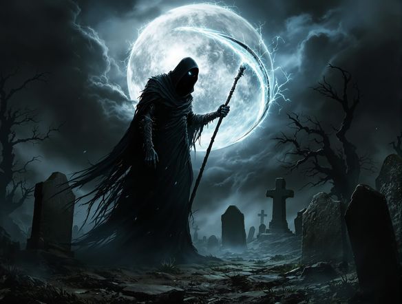 A menacing grim reaper generator figure cloaked in shadow, wielding a scythe made of pure energy, standing in a desolate graveyard under a full moon. Horror fantasy art.