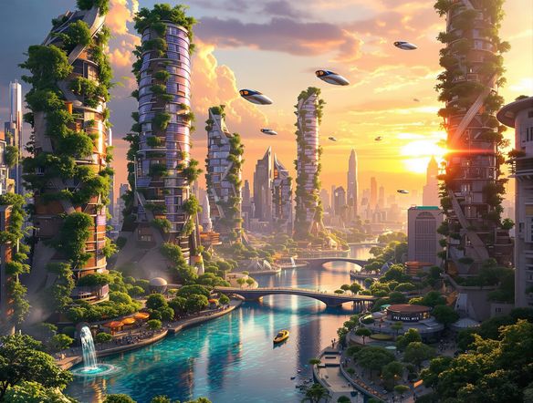A vibrant Solarpunk city skyline where lush vertical gardens climb bio-integrated skyscrapers, solar panels gleam on every surface, and clean air transports glide silently above crystal-clear waterways. High detail, optimistic atmosphere.