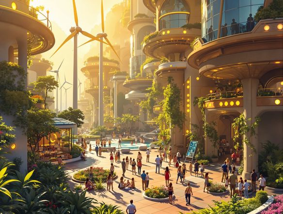 A close-up view of a Solarpunk community hub, featuring elegant wind turbines integrated into architecture, glowing solar energy conduits, and people interacting harmoniously amidst abundant greenery and clean technology. Warm, natural lighting.