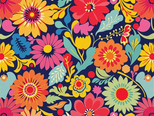 A vibrant textile with a repeating pattern of abstract floral motifs, created using a simulated block print technique, with a slightly textured, handmade feel.