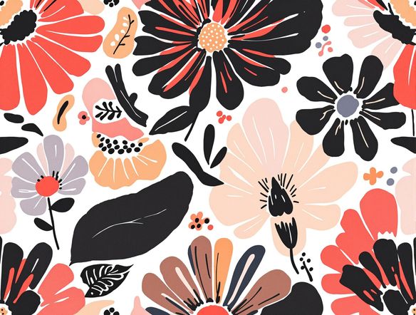 A seamless block print pattern featuring abstract floral motifs in a bold, monochromatic style, suitable for textile printing, digital art.