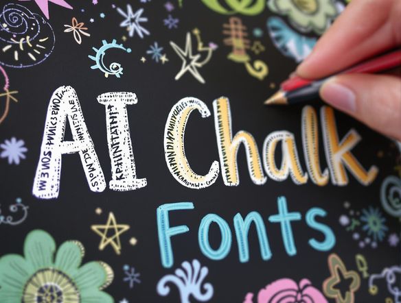 A close-up of a chalkboard with the words 'AI Chalk Fonts' written in a playful, hand-drawn chalk style. The background is slightly blurred, emphasizing the texture of the chalkboard. Add some whimsical chalk drawings around the text.