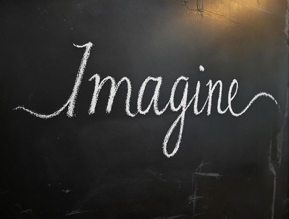 A photorealistic chalk drawing of the word 'Imagine' on a dark chalkboard, soft lighting, highly detailed texture.