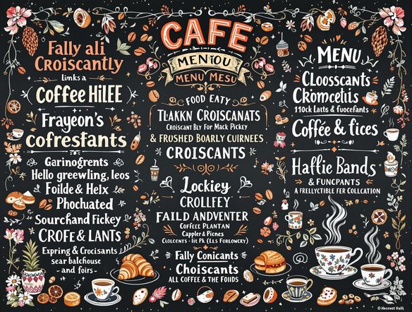 A vibrant café menu board featuring various food and drink items written in different AI-generated chalk fonts. The board is decorated with chalk illustrations of coffee beans, croissants, and other café-related imagery, creating a warm and inviting atmosphere.
