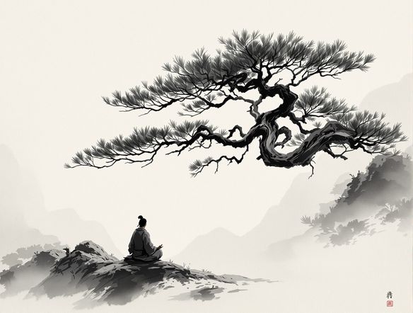 A serene landscape in the style of Japanese Sumi-e, featuring a lone samurai meditating under a gnarled pine tree. Black ink wash on textured paper, minimalist composition, digital Suibokuga art. Evokes a sense of calm and contemplation.