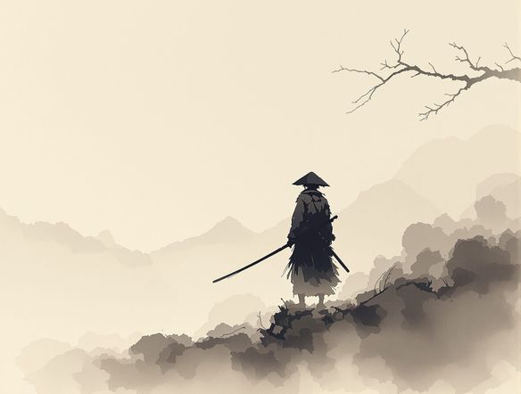 A serene Japanese landscape with a lone samurai figure rendered in traditional Sumi-e ink wash style, featuring minimalist brushstrokes and subtle ink gradients.