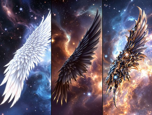 A collage showcasing three distinct wing types: intricately feathered white wings, dark, leathery bat-like wings, and gleaming, articulated mechanical wings, all set against a cosmic background.