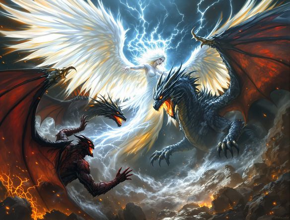 A majestic angel with glowing white wings, a fierce dragon with obsidian scales and leathery wings, and a dark demon with crimson, tattered wings, all rendered in a dramatic fantasy art style.
