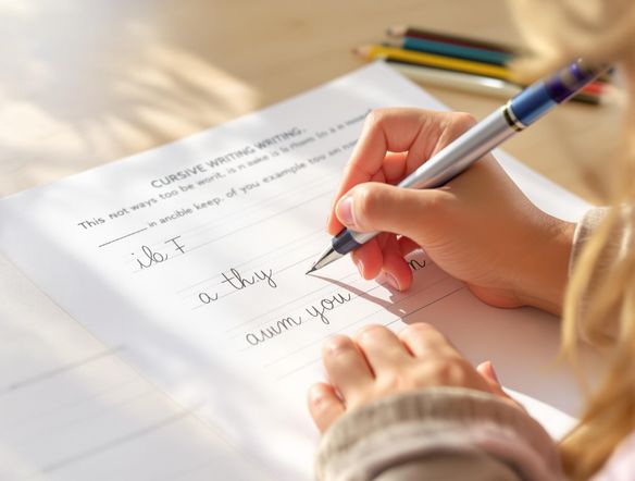 A close-up shot of a child diligently practicing cursive writing on a worksheet. Focus on the hand and pen, highlighting the fluid motion of cursive. The worksheet should feature clear, easy-to-follow examples. Soft, natural lighting, encouraging atmosphere.