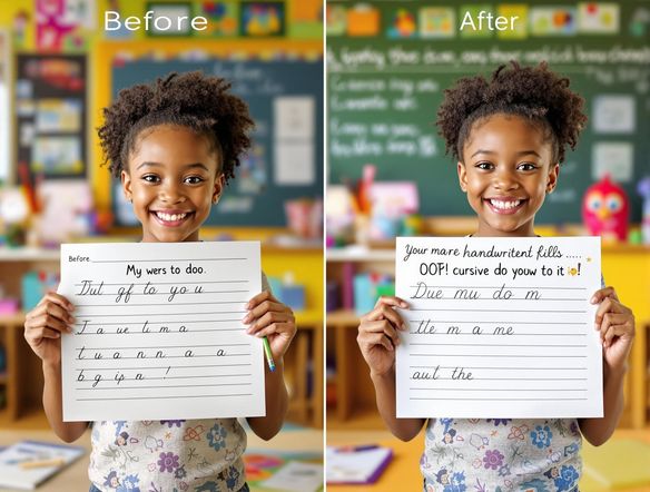 A vibrant social media post featuring a beautifully designed cursive worksheet. Include playful fonts and encouraging messages for students. Showcase a before-and-after transformation of handwriting skills. Bright, cheerful, and engaging.