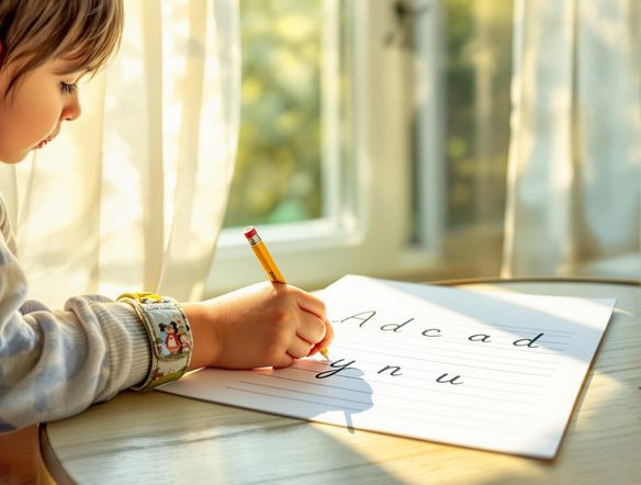 A child's hand carefully tracing cursive letters on a practice worksheet, sunlight streaming through a window, creating a warm, encouraging atmosphere.