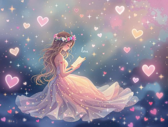 A beautifully written love poem displayed on a digital scroll, surrounded by glowing hearts and sparkling stars. The words shimmer with affection and anticipation, promising a magical prom night.