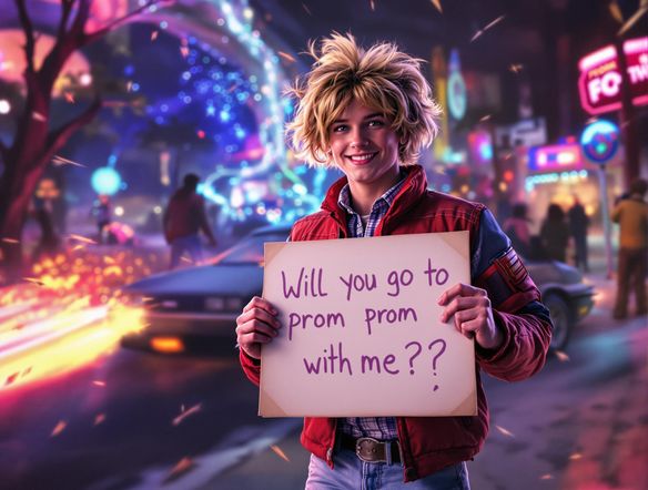 A creative promposal scene based on a popular movie. A student dressed as a character holds a sign asking, 'Will you go to prom with me?' The scene is vibrant, playful, and full of movie magic.