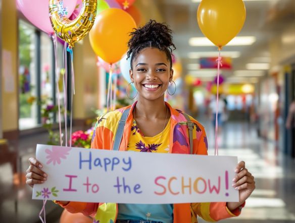 A vibrant, joyful promposal scene with balloons, flowers, and a creative banner, captured in a photorealistic style.