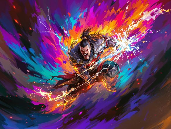 A dynamic splash art illustration of a warrior character mid-action, with energy effects and a vibrant background, showcasing high detail and dramatic lighting.