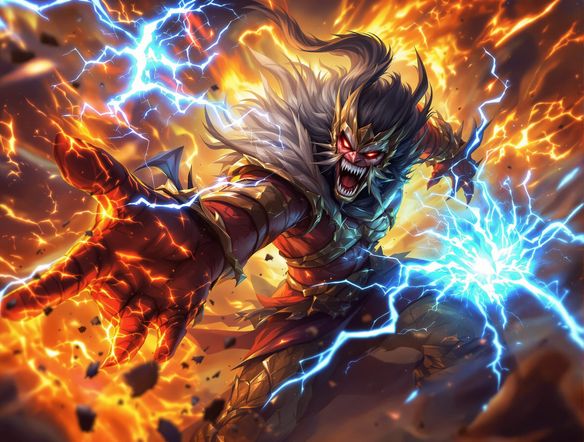 A powerful warrior mid-attack, energy crackling around them, dynamic pose, vibrant colors, splash art, league of legends style art maker, dramatic lighting, high detail.