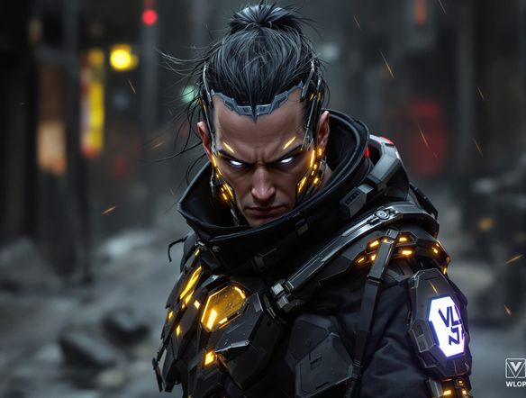 A futuristic agent with glowing cybernetic enhancements, mid-action stance, gritty urban background, sharp lines, intense gaze, valorant style art, cinematic lighting, digital painting.