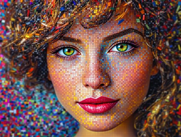A detailed photo to mosaic art conversion, where a portrait photo is transformed into a mosaic composed of thousands of tiny, colorful tiles. The custom mosaic maker has captured the essence of the original image.