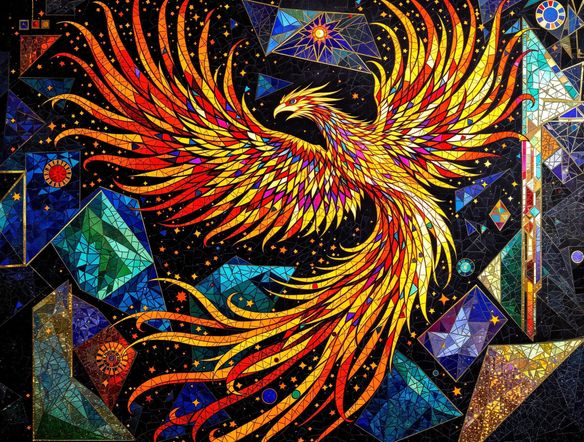 A vibrant and intricate mosaic artwork depicting a mythical phoenix rising from abstract geometric shapes, rendered with a high level of detail and texture.