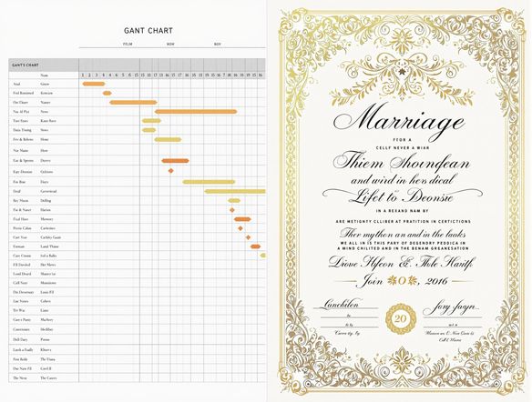 A split image: on one side, a structured Gantt chart; on the other, an elegant marriage certificate with ornate borders. A clean, professional design with a touch of romance.