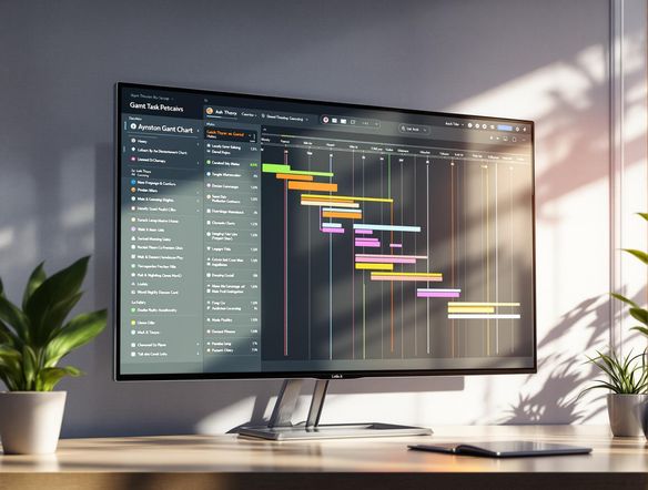 A detailed Gantt chart with colorful bars and clear task dependencies, displayed on a large monitor in a modern office setting, illuminated by natural light.
