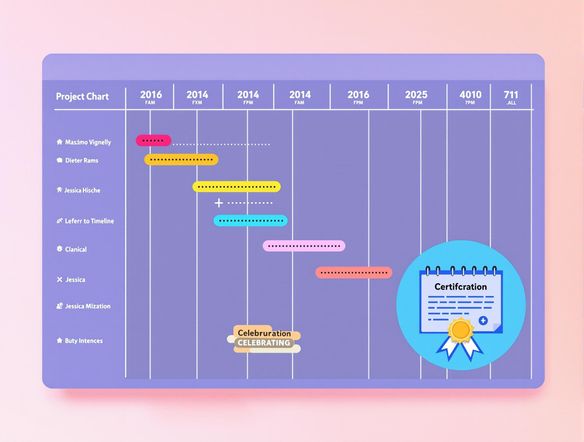 A vibrant, colorful Gantt chart visually representing a project's timeline, with a celebratory certificate graphic subtly incorporated. Use a modern, minimalist style.