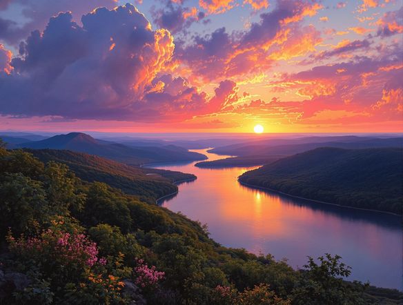 A majestic Hudson River Valley scene at sunset, painted in the style of Thomas Cole, featuring dramatic light, atmospheric perspective, and a sense of sublime nature. Romantic landscape art generator.
