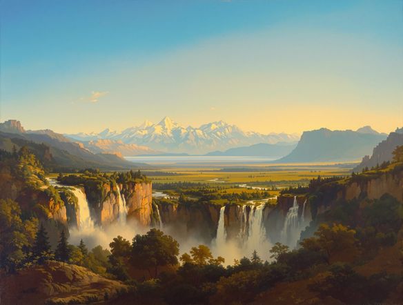An expansive, detailed landscape painting in the style of Frederic Church, showcasing a grand waterfall cascading into a lush valley, with distant mountains under a clear blue sky. Asher B. Durand landscape inspiration.