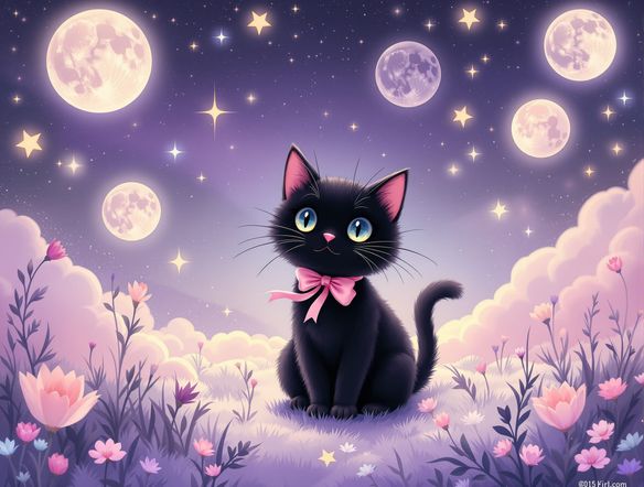 A whimsical, pastel goth scene featuring a cute black cat with pink bow, surrounded by floating moons and stars, rendered in a soft, dreamlike art style.