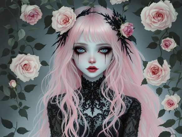 A portrait of a melancholic ghost girl with pastel pink hair and black lace dress, surrounded by wilting roses, soft goth aesthetic AI, pastel and black art generator, dreamy atmosphere.