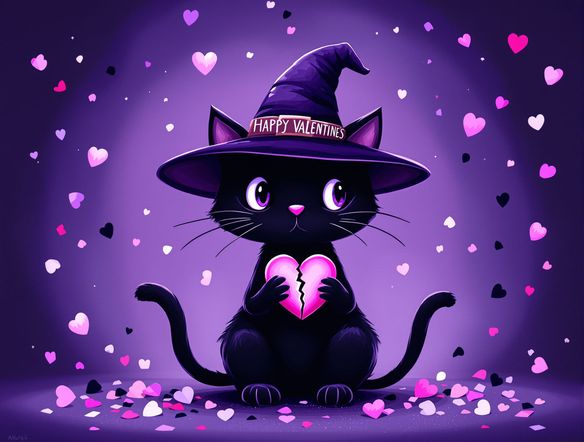 A cute black cat wearing a tiny witch hat, holding a broken heart, surrounded by pastel purple and black confetti, spooky cute art generator, anti-valentine's day art, whimsical illustration.