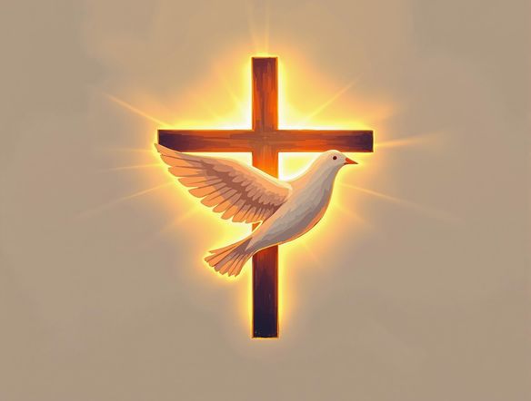 Serene church logo featuring a dove and cross, bathed in golden light, symbolizing peace and faith, digital art.