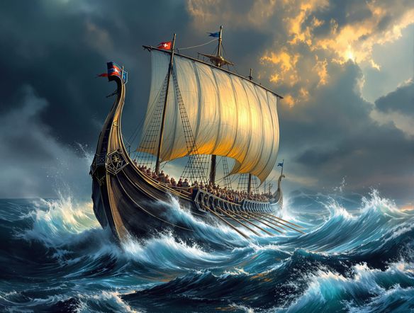A majestic Viking longship sailing through a stormy sea, detailed illustration, epic scale, powerful oarsmen, dramatic lighting, viking ship art maker aesthetic.