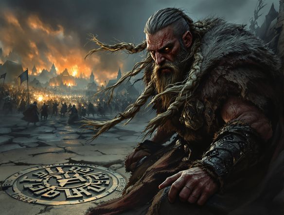 A fierce Viking warrior, inspired by Ragnar Lothbrok style art, holding a glowing axe amidst ancient Nordic runes and a backdrop of a raiding scene, intense atmosphere, cinematic lighting.
