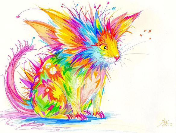 A whimsical fantasy creature, initially a rough sketch, now transformed into a full-color digital colored pencil illustration. Vibrant colors, visible sketch lines beneath the colored pencil, charming and detailed.