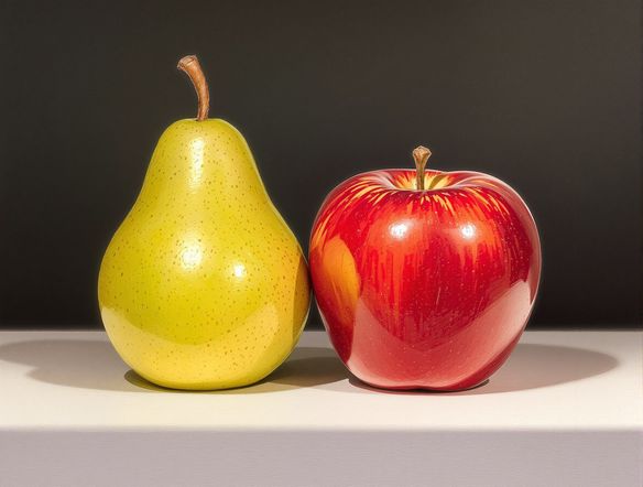 A hyperrealistic still life of an apple and a pear, rendered in a detailed colored pencil style. Emphasize the realistic colored pencil texture, showing subtle paper grain and layered color. Soft, natural lighting.