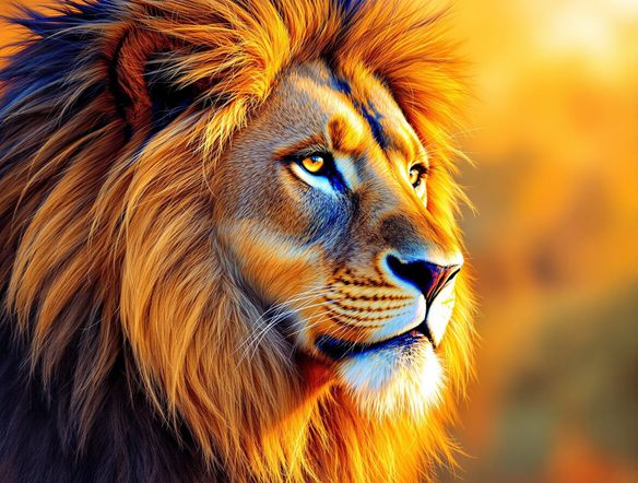 A vibrant, detailed portrait of a majestic lion, rendered in the distinct style of colored pencil art, showcasing rich textures and bold hues.