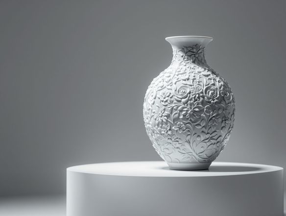 A highly detailed 3D render of an intricate porcelain vase with delicate floral carvings, displayed on a minimalist pedestal. Soft studio lighting, photorealistic style.