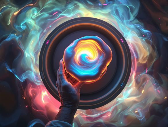 A top-down view of a hand gently guiding clay on a glowing virtual pottery wheel, creating a unique bowl shape. Abstract, ethereal background, digital art style.