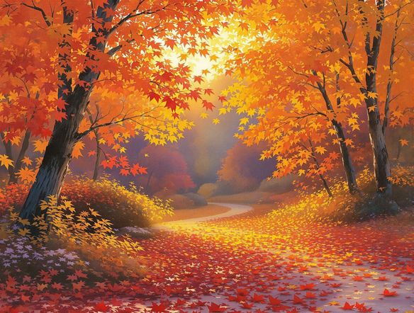 A breathtaking landscape featuring vibrant fall foliage, captured at golden hour. Focus on the warm, rich tones of red, orange, and yellow. The image should evoke a sense of cozy autumn atmosphere.